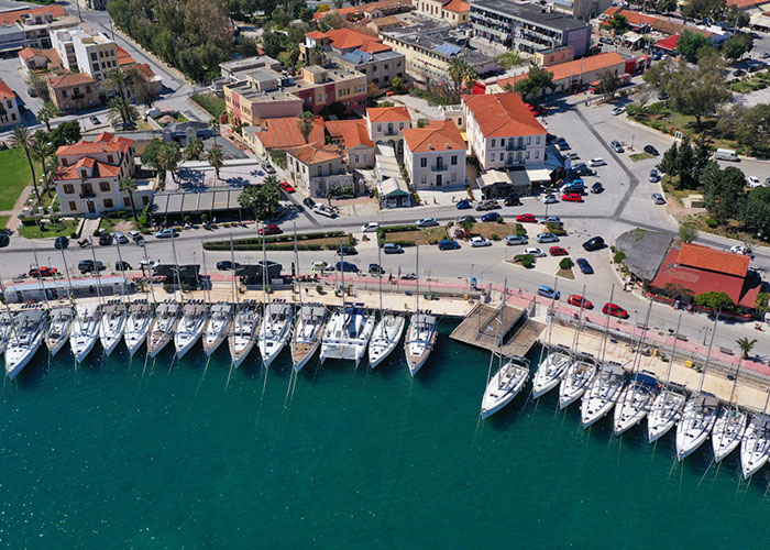 Aerial drone photo of famous port of Lavrio in South Attica where passenger ships travel to popular Aegean destinations, Greece